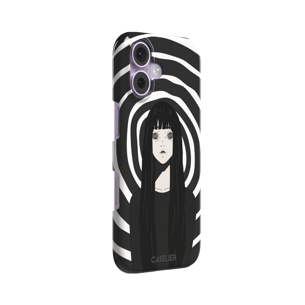 Hypnotized phone case in high-contrast black and white variant, showing the same anime girl with spiral eyes against bold graphic concentric rings, phone case by Caselier — snap case, left view