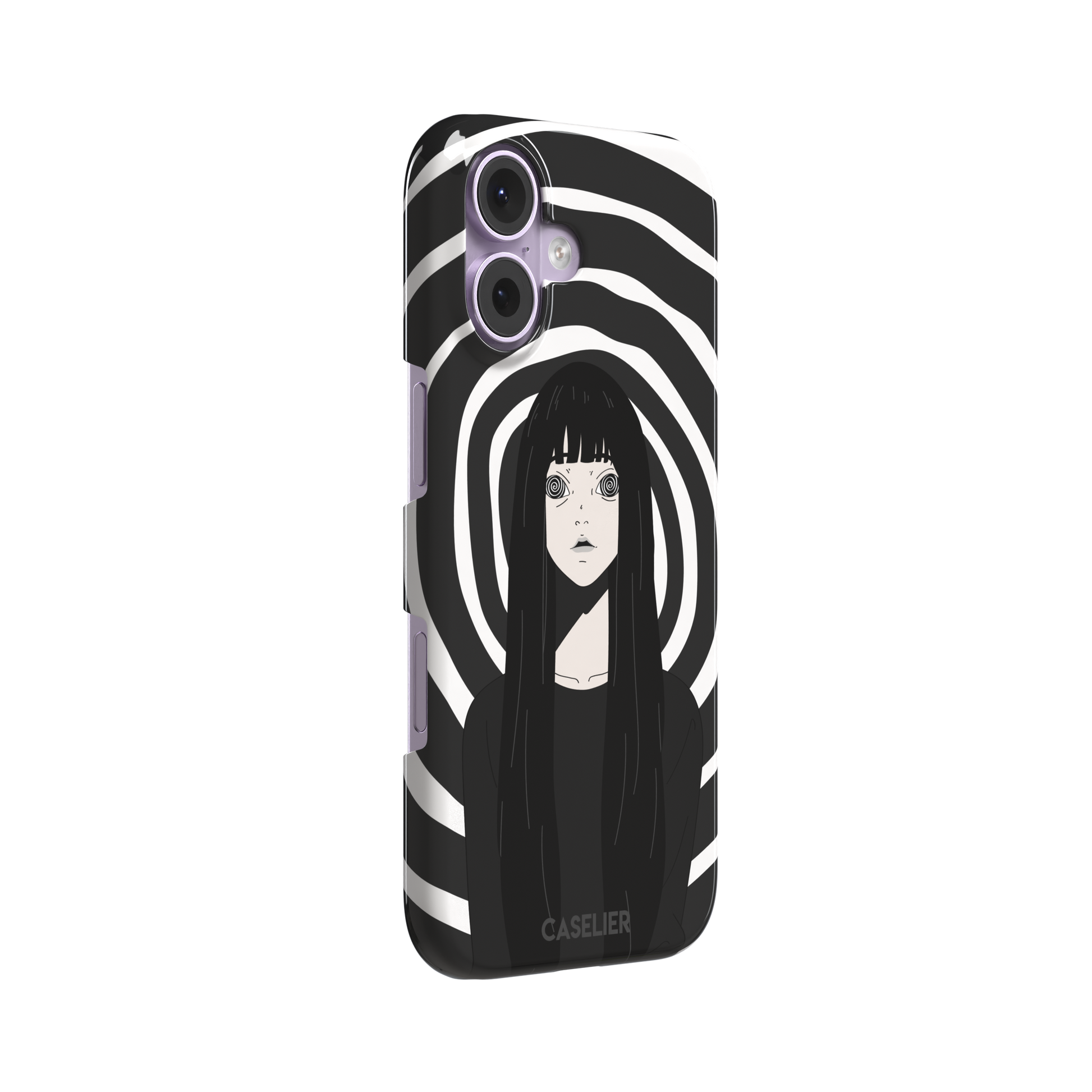 Hypnotized phone case in high-contrast black and white variant, showing the same anime girl with spiral eyes against bold graphic concentric rings, phone case by Caselier — snap case, left view