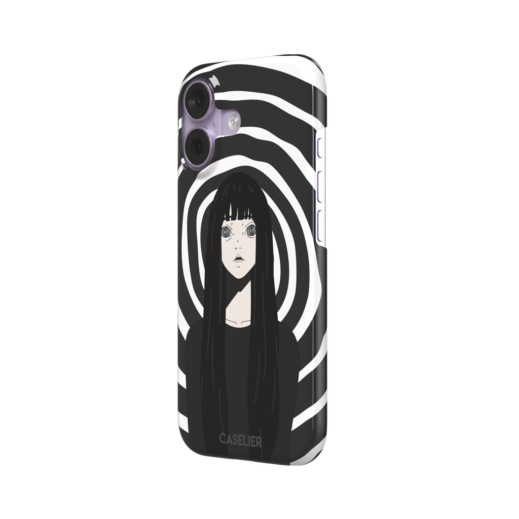Hypnotized phone case in high-contrast black and white variant, showing the same anime girl with spiral eyes against bold graphic concentric rings, phone case by Caselier — snap case, right view