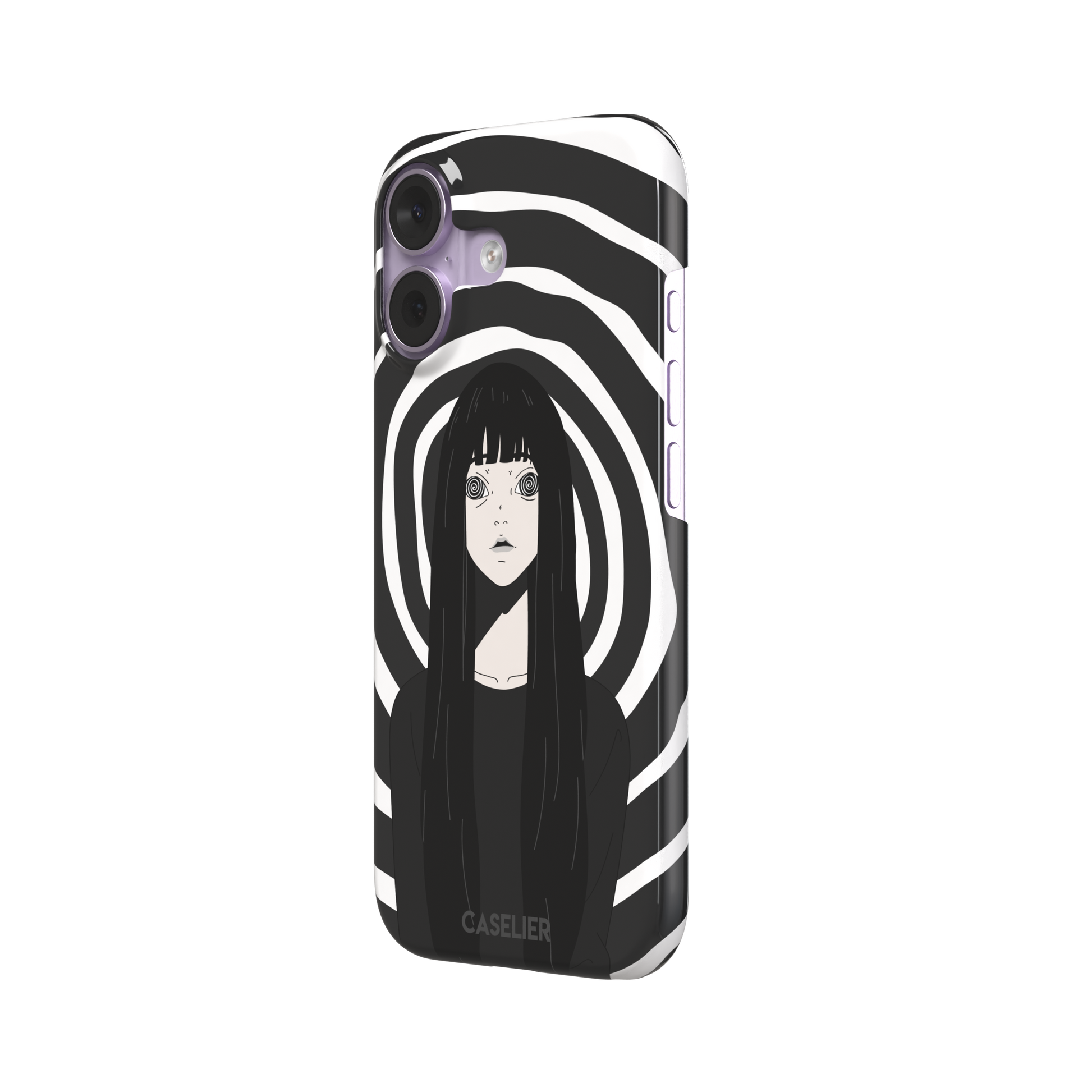 Hypnotized phone case in high-contrast black and white variant, showing the same anime girl with spiral eyes against bold graphic concentric rings, phone case by Caselier — snap case, right view