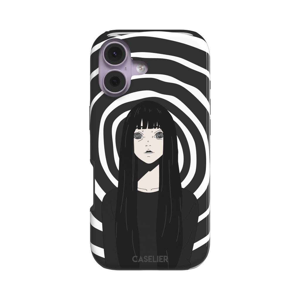 Hypnotized phone case in high-contrast black and white variant, showing the same anime girl with spiral eyes against bold graphic concentric rings, phone case by Caselier — tough case, front view
