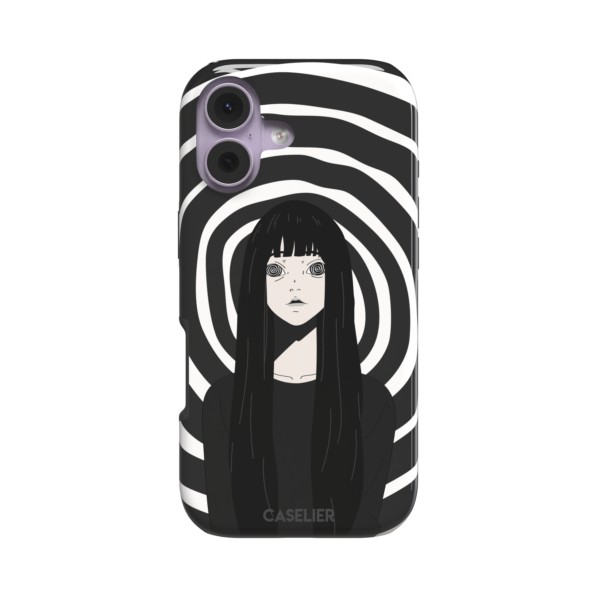 Hypnotized phone case in high-contrast black and white variant, showing the same anime girl with spiral eyes against bold graphic concentric rings, phone case by Caselier — tough case, front view