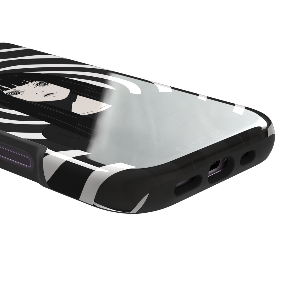 Hypnotized phone case in high-contrast black and white variant, showing the same anime girl with spiral eyes against bold graphic concentric rings, phone case by Caselier — tough case, charging port detail