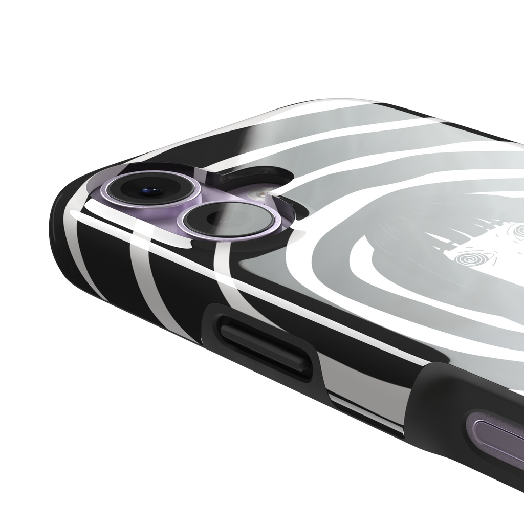 Hypnotized phone case in high-contrast black and white variant, showing the same anime girl with spiral eyes against bold graphic concentric rings, phone case by Caselier — tough case, volume buttons detail