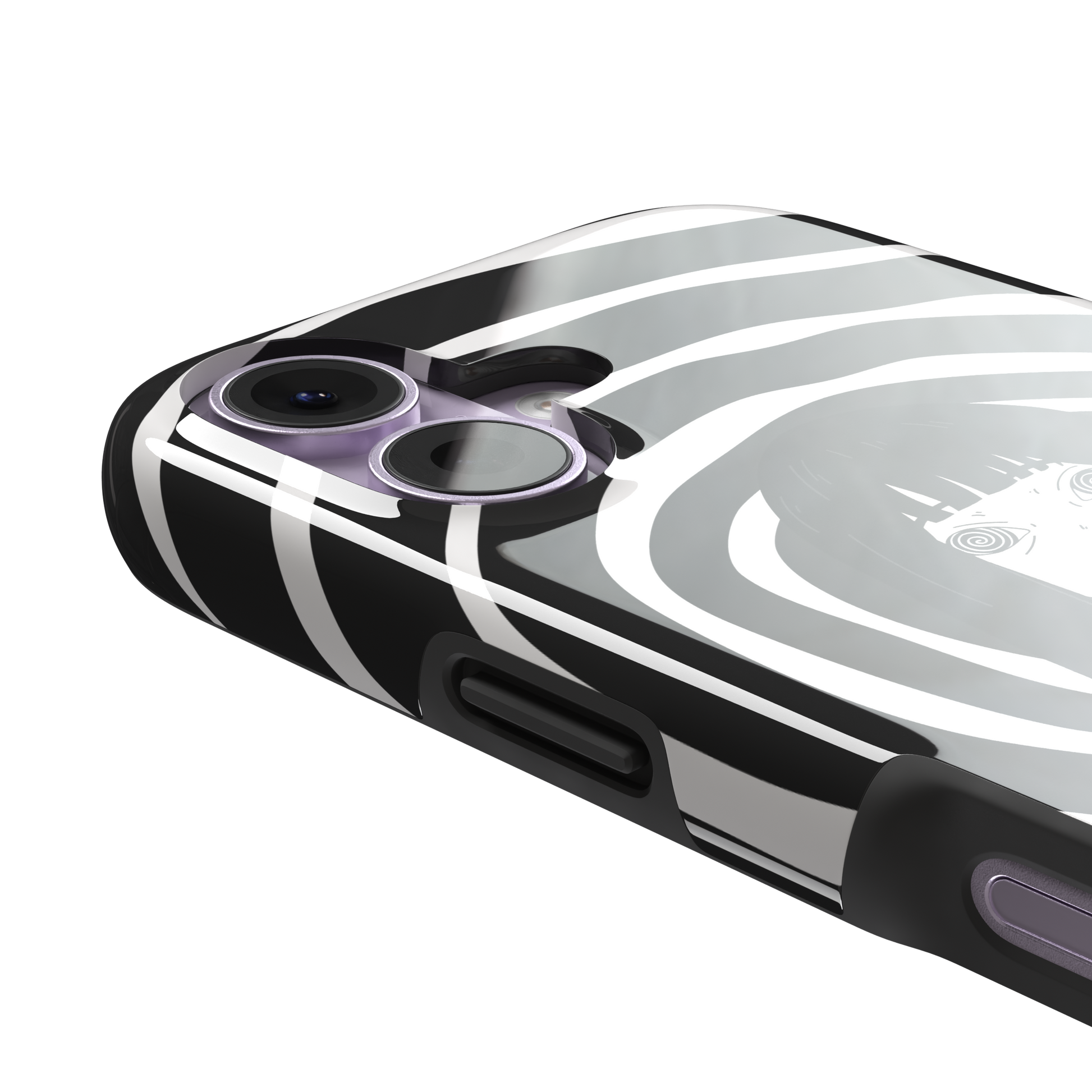 Hypnotized phone case in high-contrast black and white variant, showing the same anime girl with spiral eyes against bold graphic concentric rings, phone case by Caselier — tough case, volume buttons detail