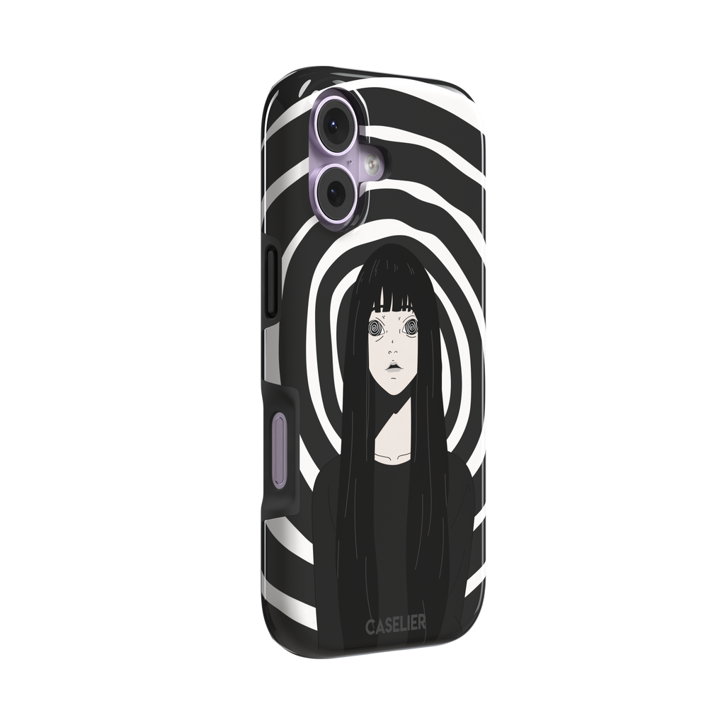 Hypnotized phone case in high-contrast black and white variant, showing the same anime girl with spiral eyes against bold graphic concentric rings, phone case by Caselier — tough case, left view