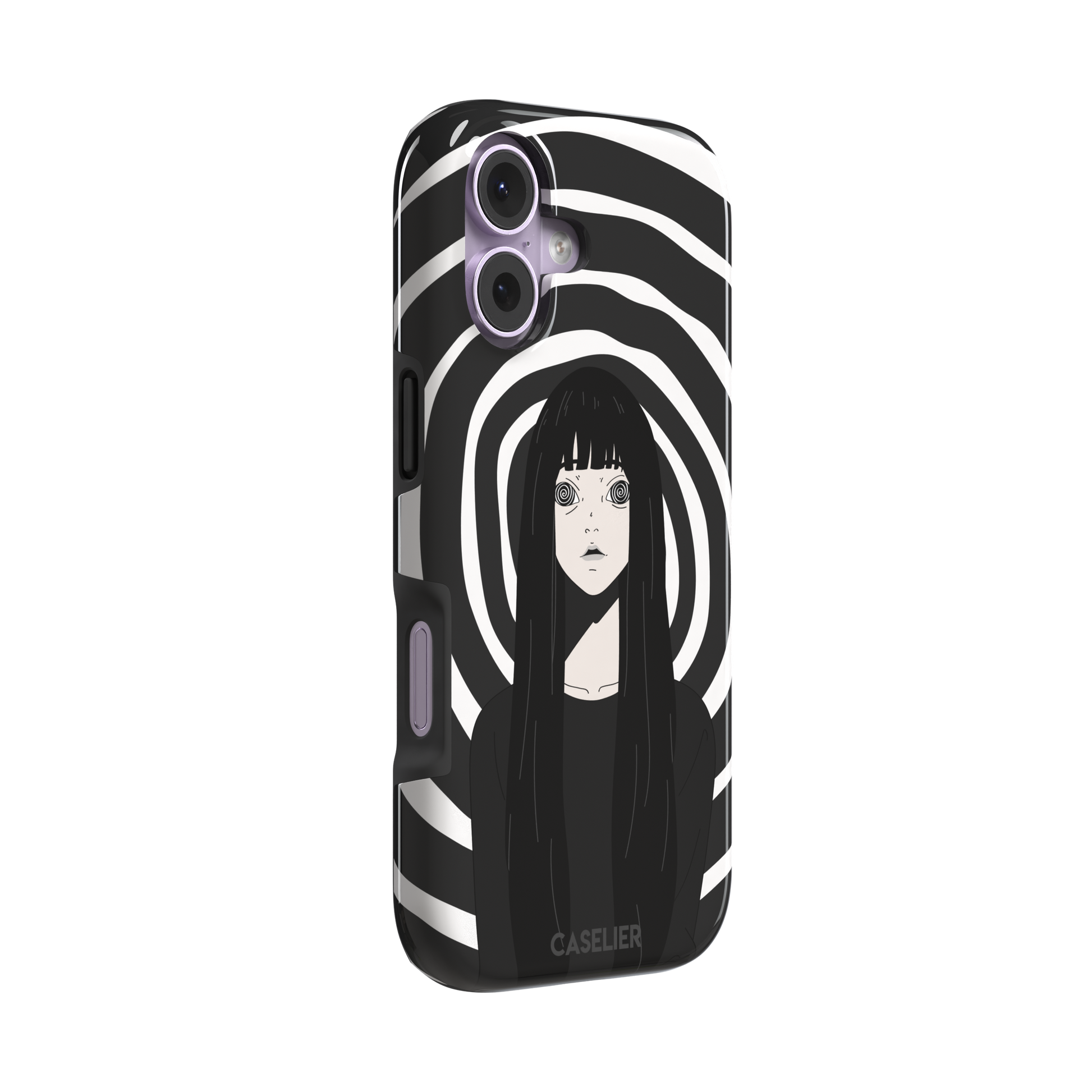 Hypnotized phone case in high-contrast black and white variant, showing the same anime girl with spiral eyes against bold graphic concentric rings, phone case by Caselier — tough case, left view