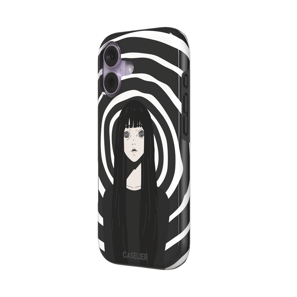 Hypnotized phone case in high-contrast black and white variant, showing the same anime girl with spiral eyes against bold graphic concentric rings, phone case by Caselier — tough case, right view