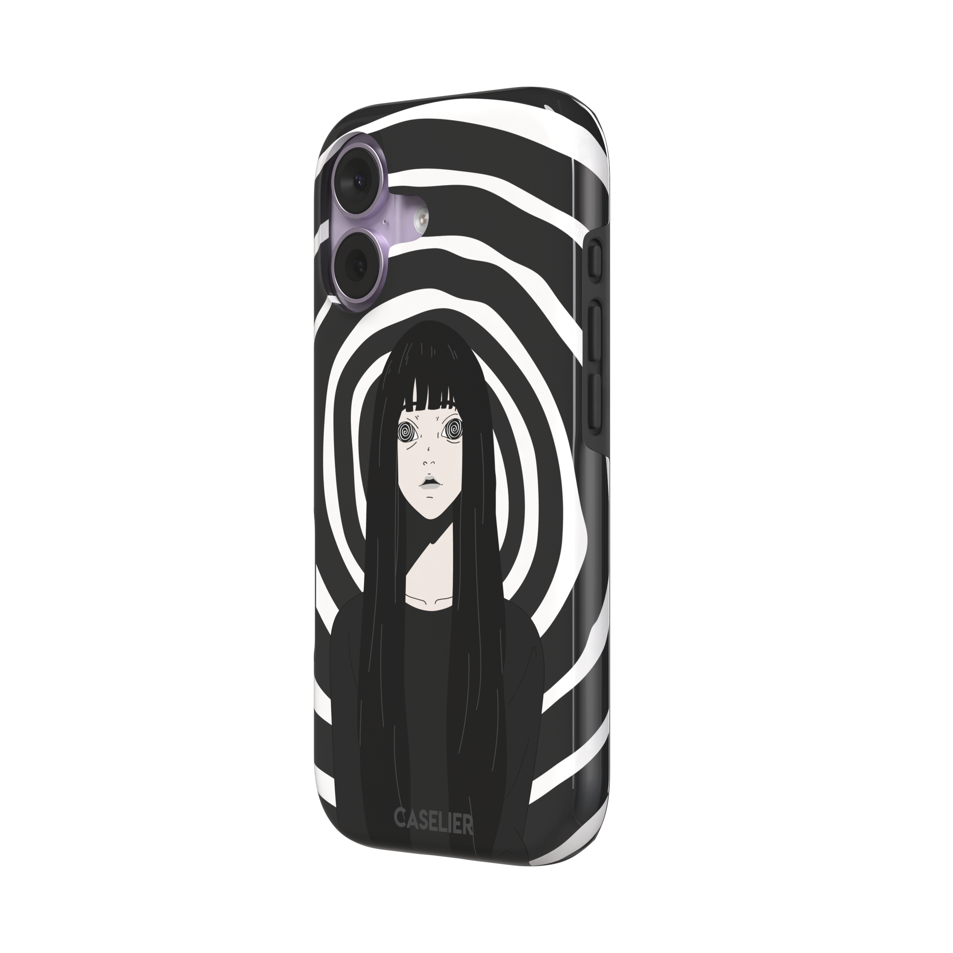 Hypnotized phone case in high-contrast black and white variant, showing the same anime girl with spiral eyes against bold graphic concentric rings, phone case by Caselier — tough case, right view