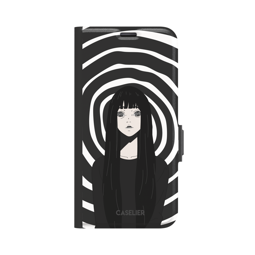 Hypnotized phone case in high-contrast black and white variant, showing the same anime girl with spiral eyes against bold graphic concentric rings, phone case by Caselier — wallet case, front view