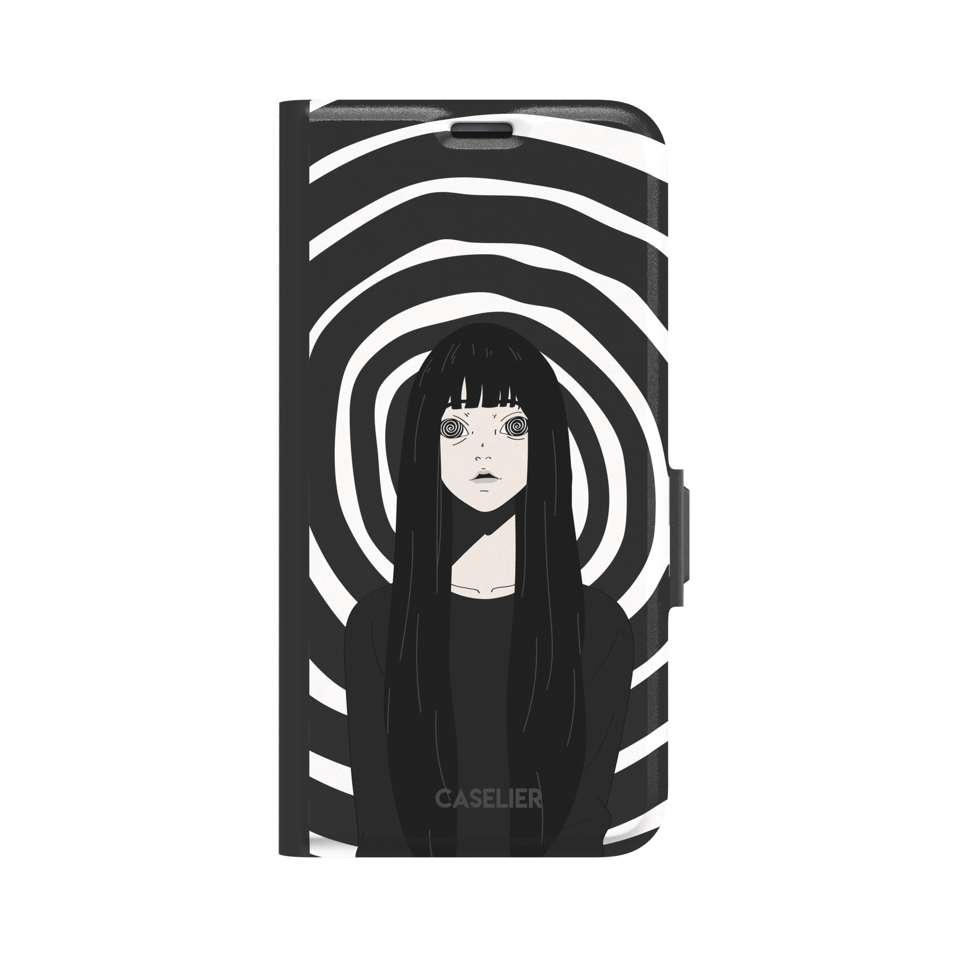 Hypnotized phone case in high-contrast black and white variant, showing the same anime girl with spiral eyes against bold graphic concentric rings, phone case by Caselier — wallet case, front view