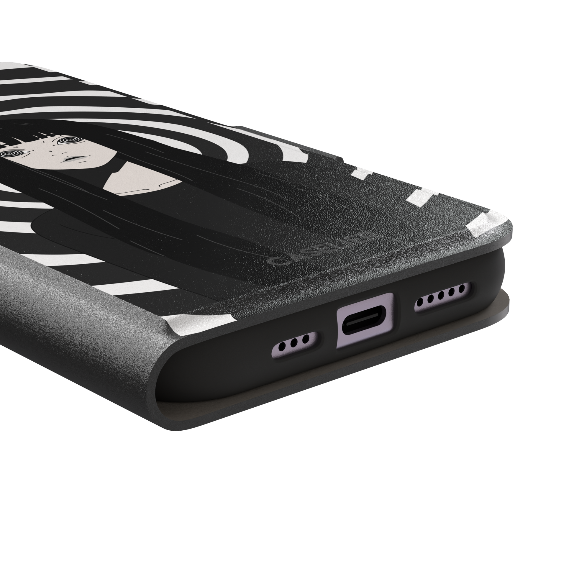 Hypnotized phone case in high-contrast black and white variant, showing the same anime girl with spiral eyes against bold graphic concentric rings, phone case by Caselier — wallet case, charging port detail