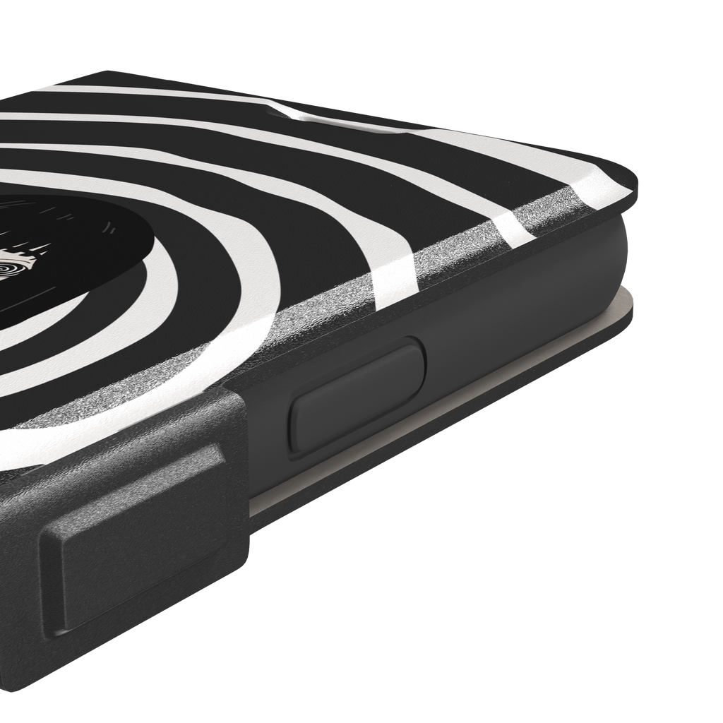 Hypnotized phone case in high-contrast black and white variant, showing the same anime girl with spiral eyes against bold graphic concentric rings, phone case by Caselier — wallet case, volume buttons detail