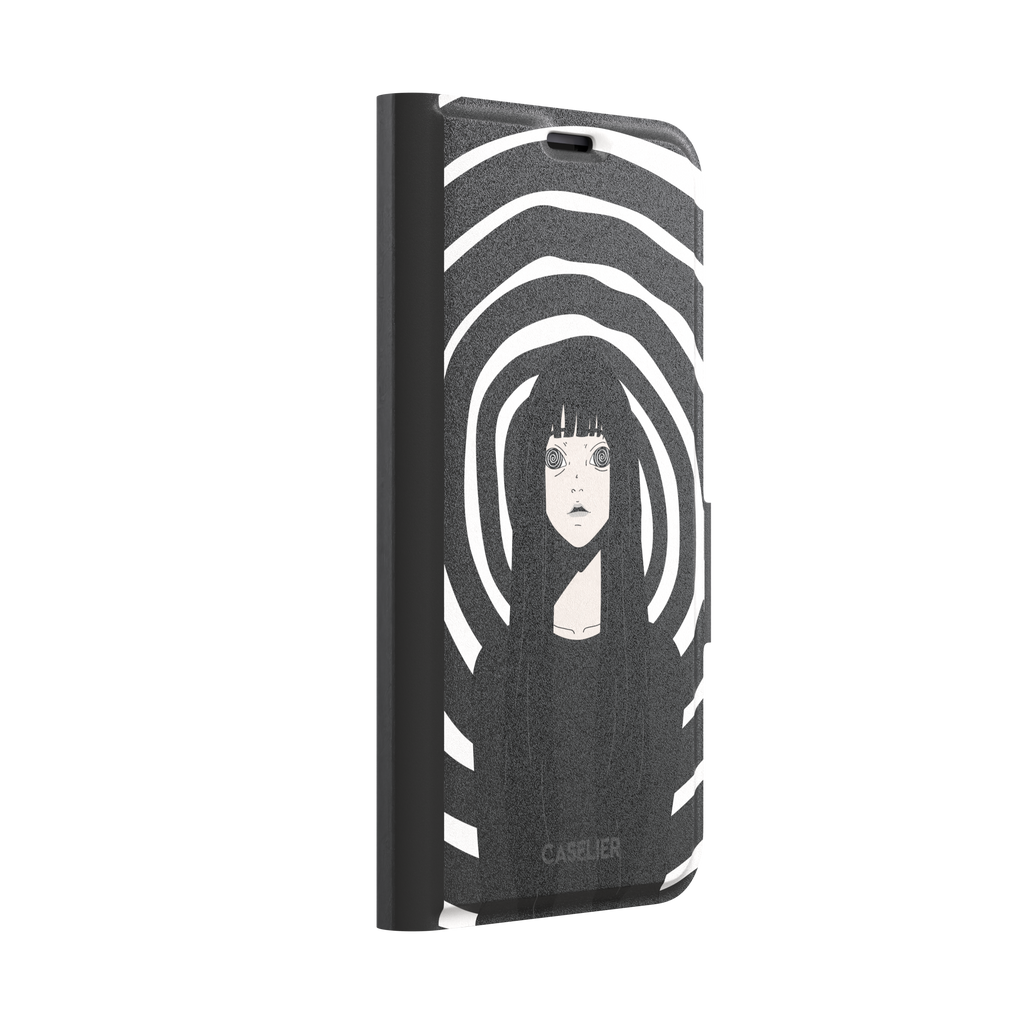 Hypnotized phone case in high-contrast black and white variant, showing the same anime girl with spiral eyes against bold graphic concentric rings, phone case by Caselier — wallet case, left view