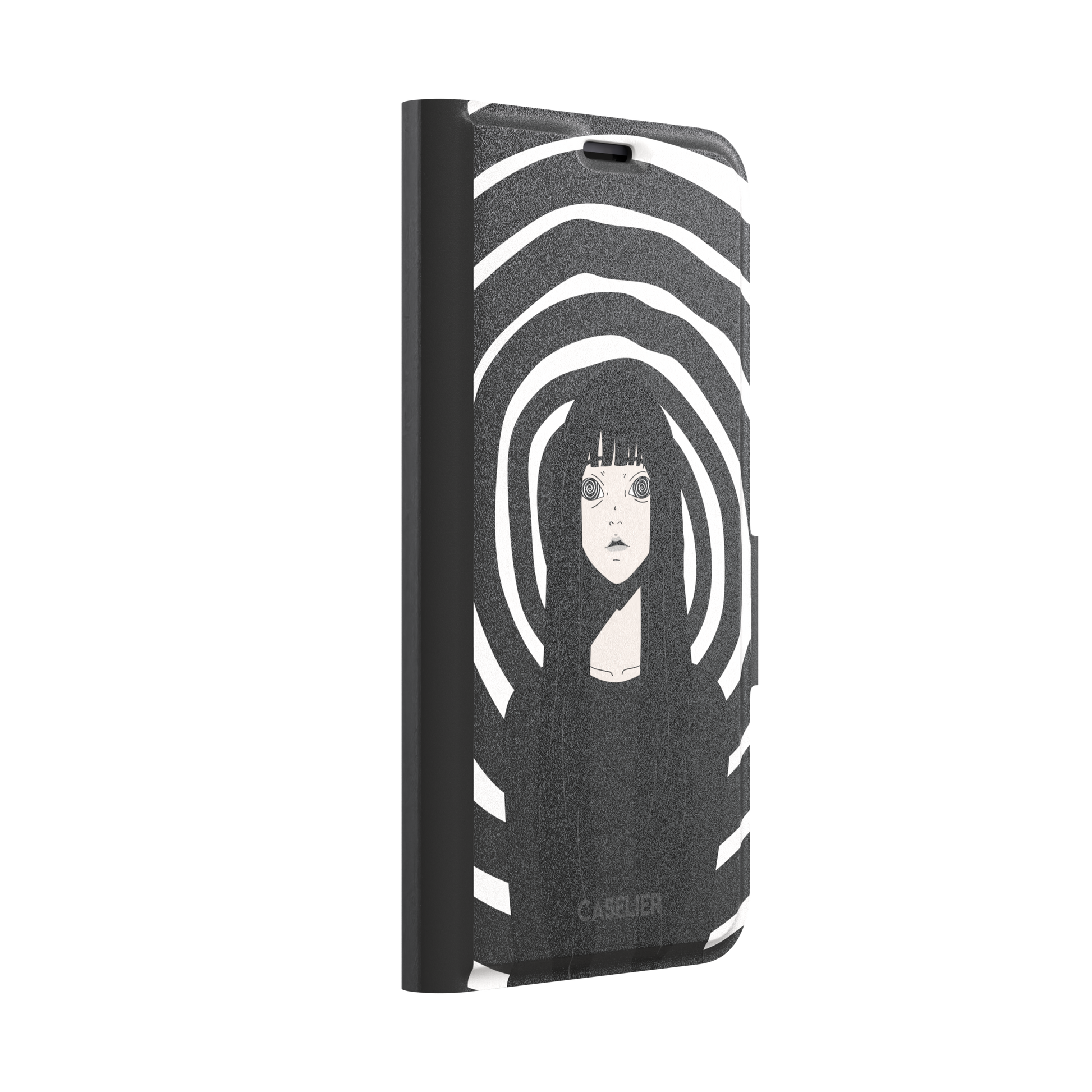 Hypnotized phone case in high-contrast black and white variant, showing the same anime girl with spiral eyes against bold graphic concentric rings, phone case by Caselier — wallet case, left view
