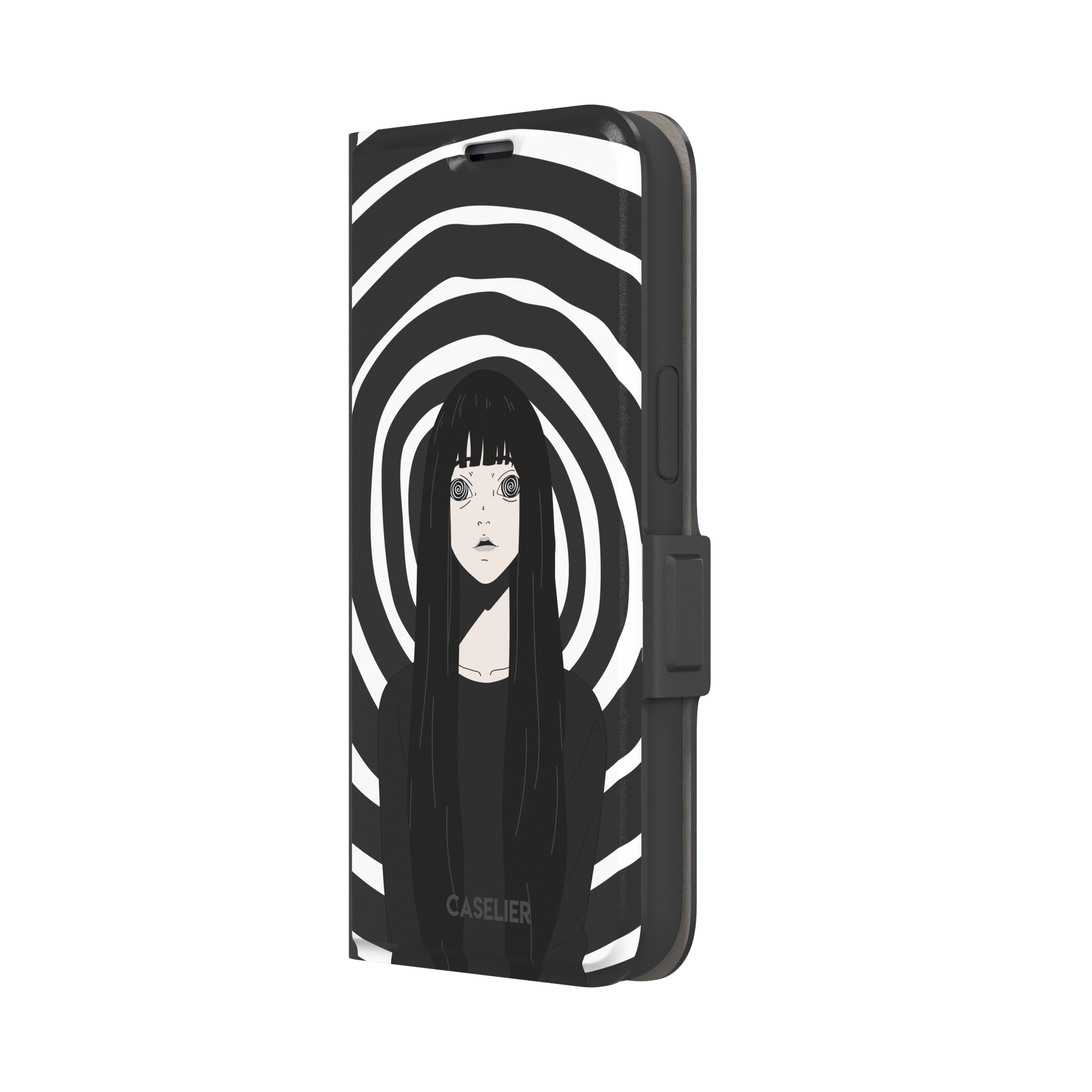 Hypnotized phone case in high-contrast black and white variant, showing the same anime girl with spiral eyes against bold graphic concentric rings, phone case by Caselier — wallet case, right view