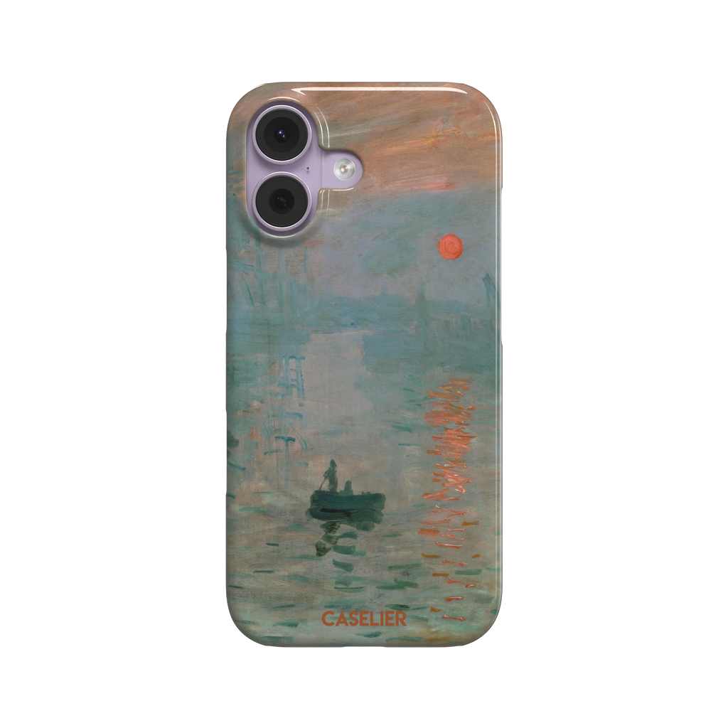 Impression, Sunrise by Claude Monet phone case showing misty teal harbour scene with red sun and lone rowboat, phone case by Caselier — snap case, front view