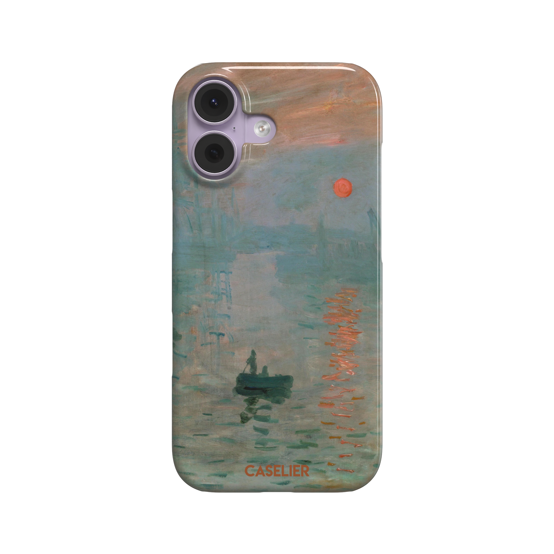 Impression, Sunrise by Claude Monet phone case showing misty teal harbour scene with red sun and lone rowboat, phone case by Caselier — snap case, front view