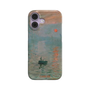 Impression, Sunrise by Claude Monet phone case showing misty teal harbour scene with red sun and lone rowboat, phone case by Caselier — snap case, front view