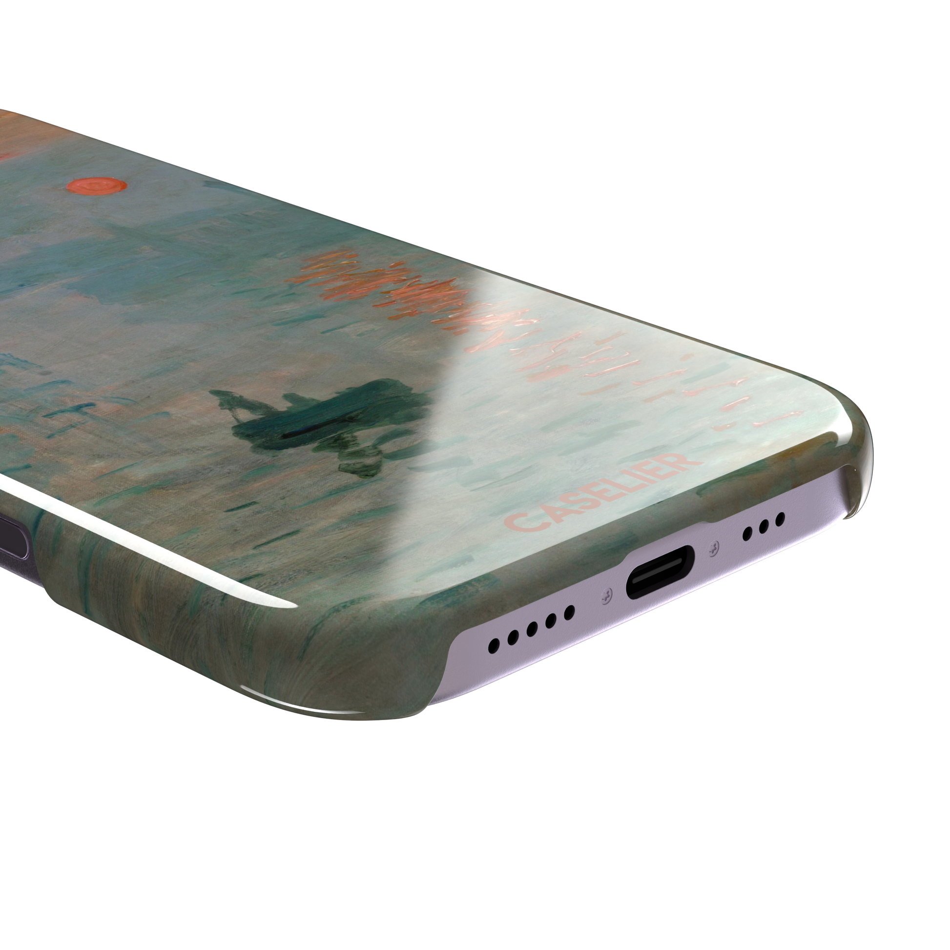 Impression, Sunrise by Claude Monet phone case showing misty teal harbour scene with red sun and lone rowboat, phone case by Caselier — snap case, charging port detail