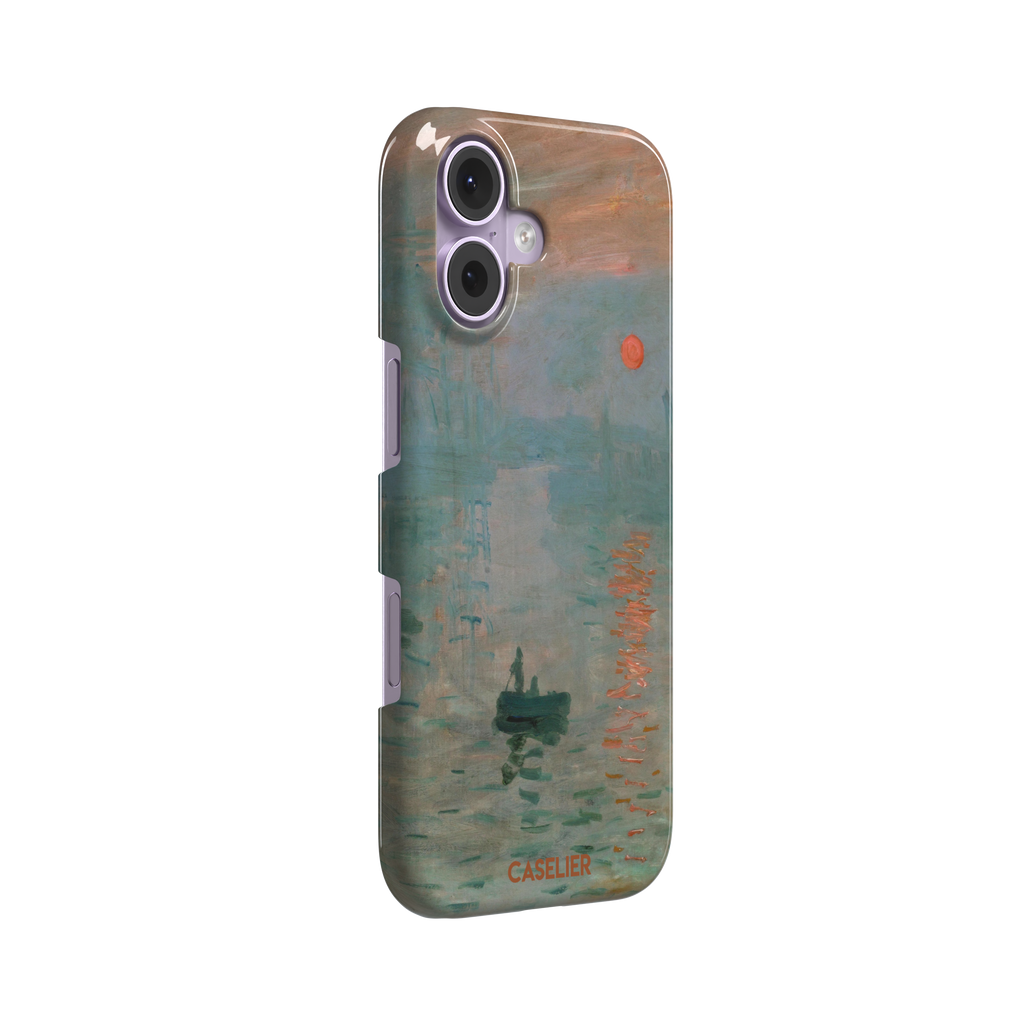 Impression, Sunrise by Claude Monet phone case showing misty teal harbour scene with red sun and lone rowboat, phone case by Caselier — snap case, left view