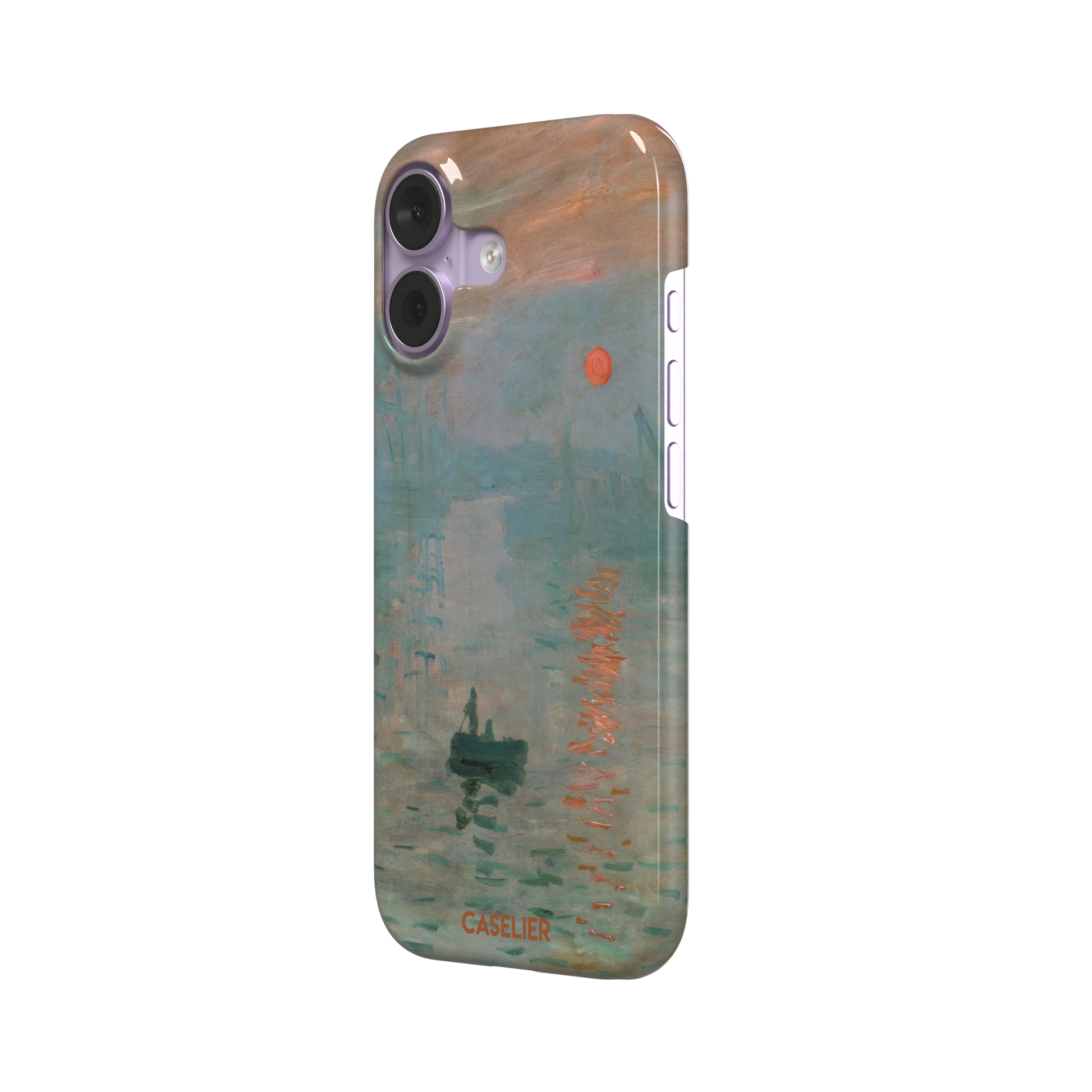 Impression, Sunrise by Claude Monet phone case showing misty teal harbour scene with red sun and lone rowboat, phone case by Caselier — snap case, right view