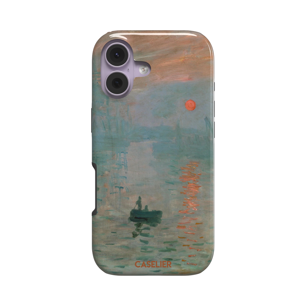 Impression, Sunrise by Claude Monet phone case showing misty teal harbour scene with red sun and lone rowboat, phone case by Caselier — tough case, front view
