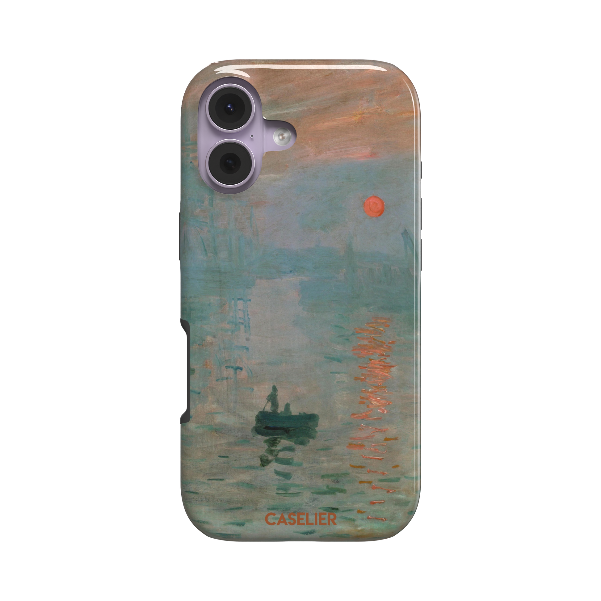 Impression, Sunrise by Claude Monet phone case showing misty teal harbour scene with red sun and lone rowboat, phone case by Caselier — tough case, front view