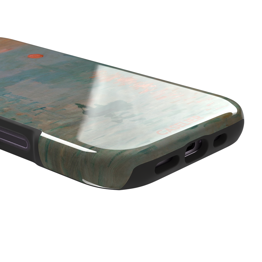 Impression, Sunrise by Claude Monet phone case showing misty teal harbour scene with red sun and lone rowboat, phone case by Caselier — tough case, charging port detail