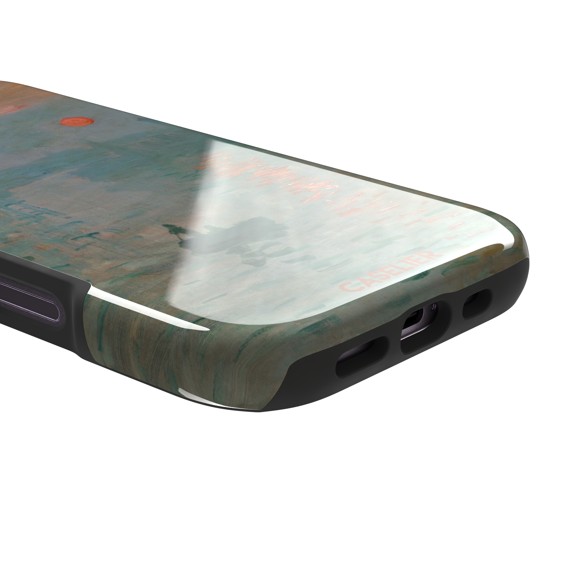 Impression, Sunrise by Claude Monet phone case showing misty teal harbour scene with red sun and lone rowboat, phone case by Caselier — tough case, charging port detail