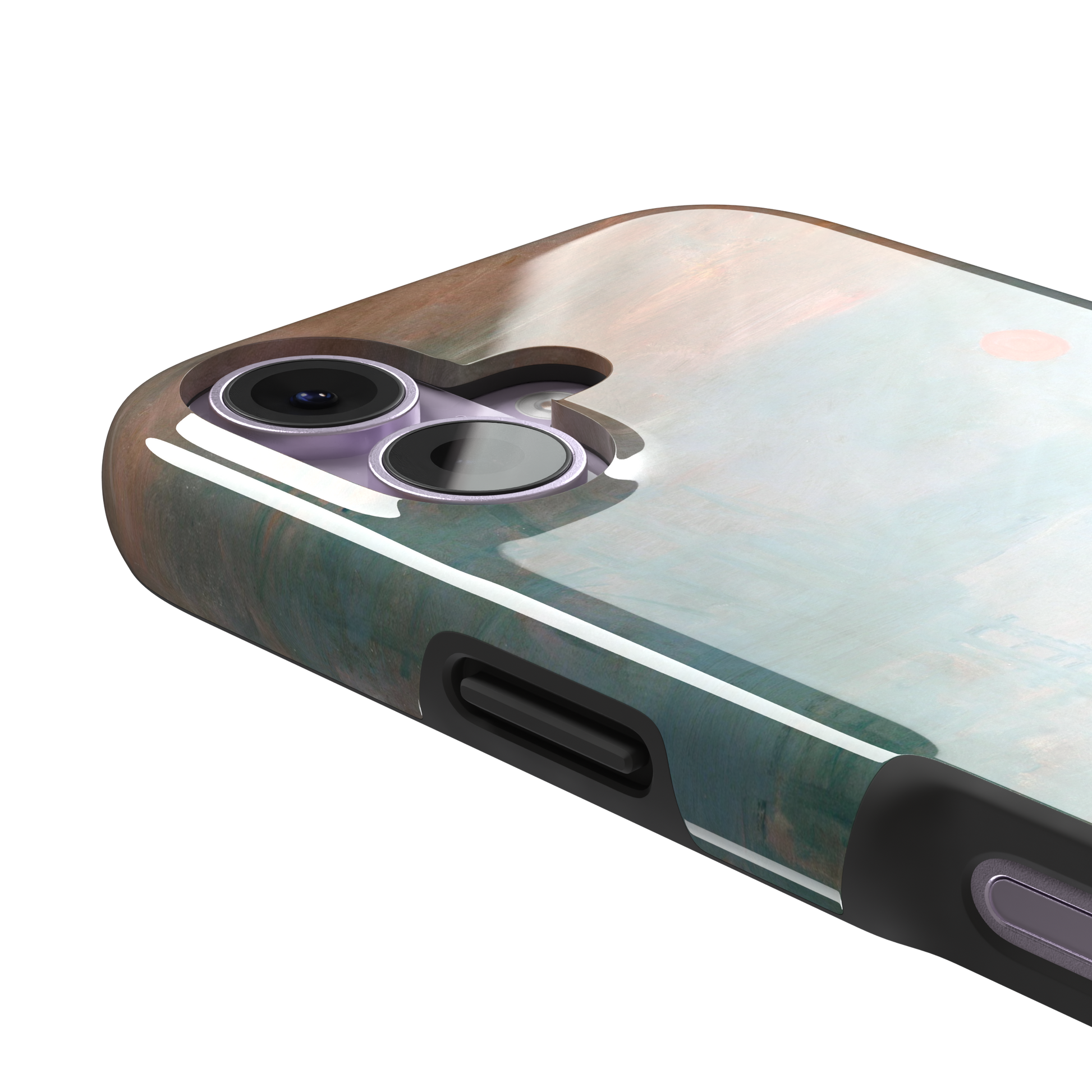 Impression, Sunrise by Claude Monet phone case showing misty teal harbour scene with red sun and lone rowboat, phone case by Caselier — tough case, volume buttons detail