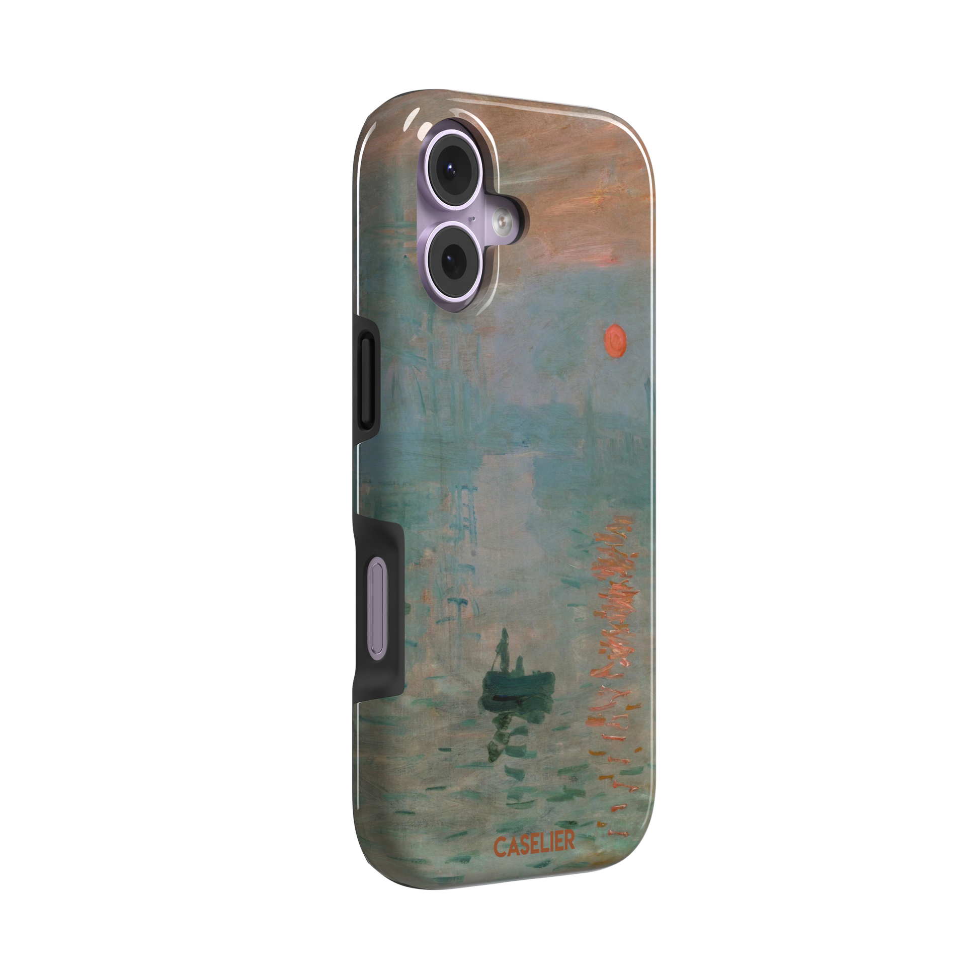 Impression, Sunrise by Claude Monet phone case showing misty teal harbour scene with red sun and lone rowboat, phone case by Caselier — tough case, left view