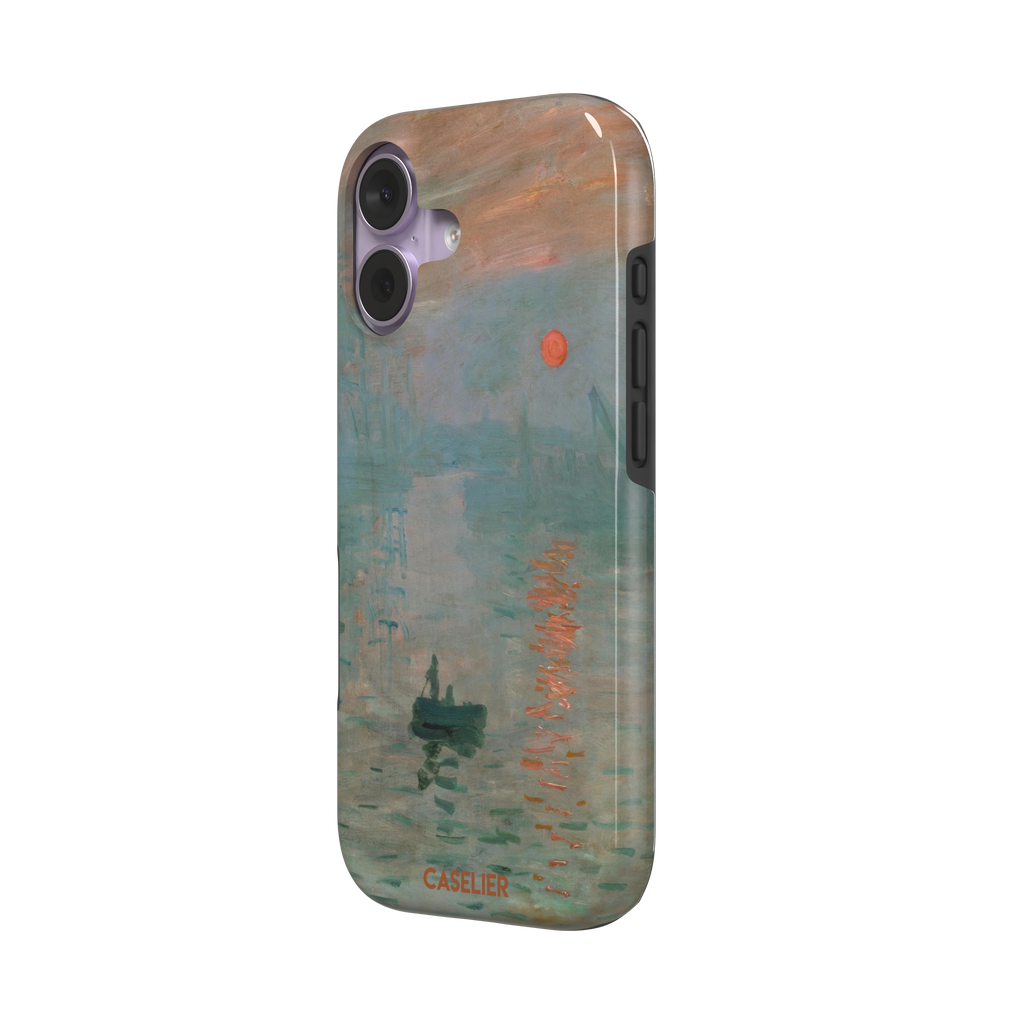 Impression, Sunrise by Claude Monet phone case showing misty teal harbour scene with red sun and lone rowboat, phone case by Caselier — tough case, right view