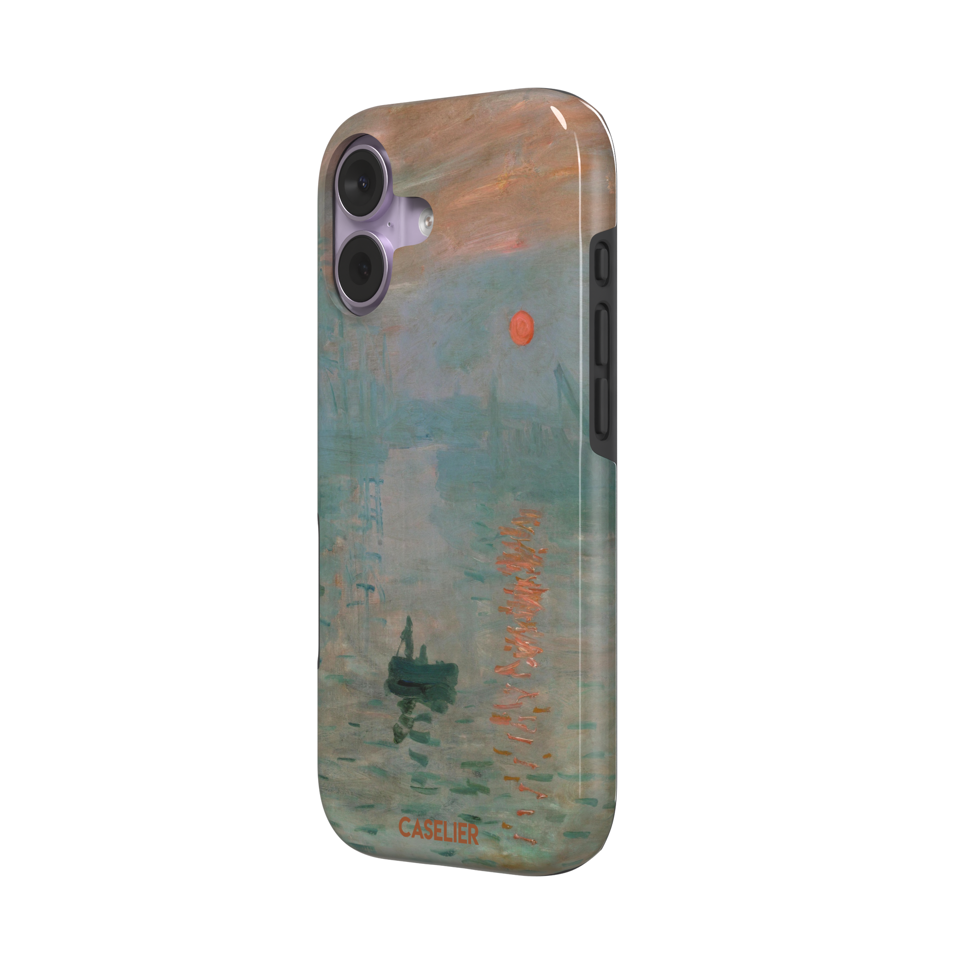Impression, Sunrise by Claude Monet phone case showing misty teal harbour scene with red sun and lone rowboat, phone case by Caselier — tough case, right view