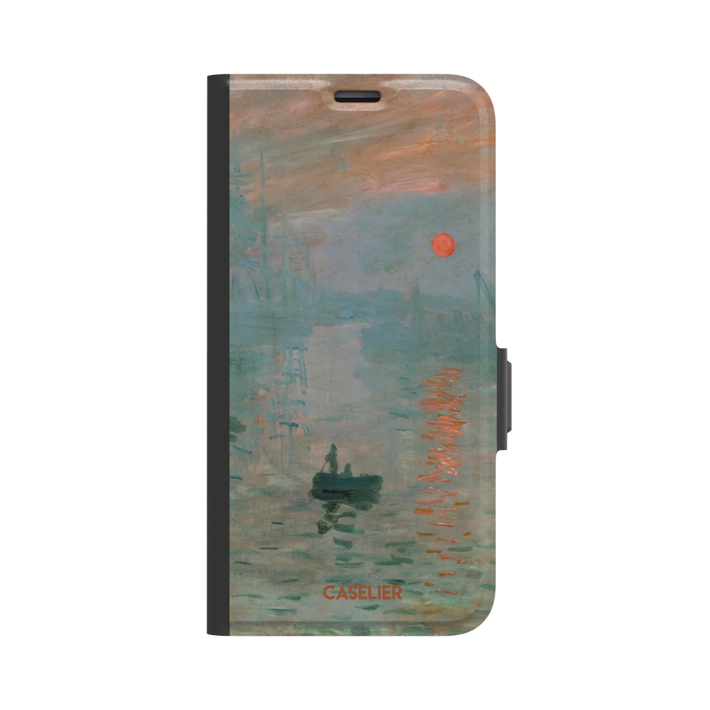 Impression, Sunrise by Claude Monet phone case showing misty teal harbour scene with red sun and lone rowboat, phone case by Caselier — wallet case, front view