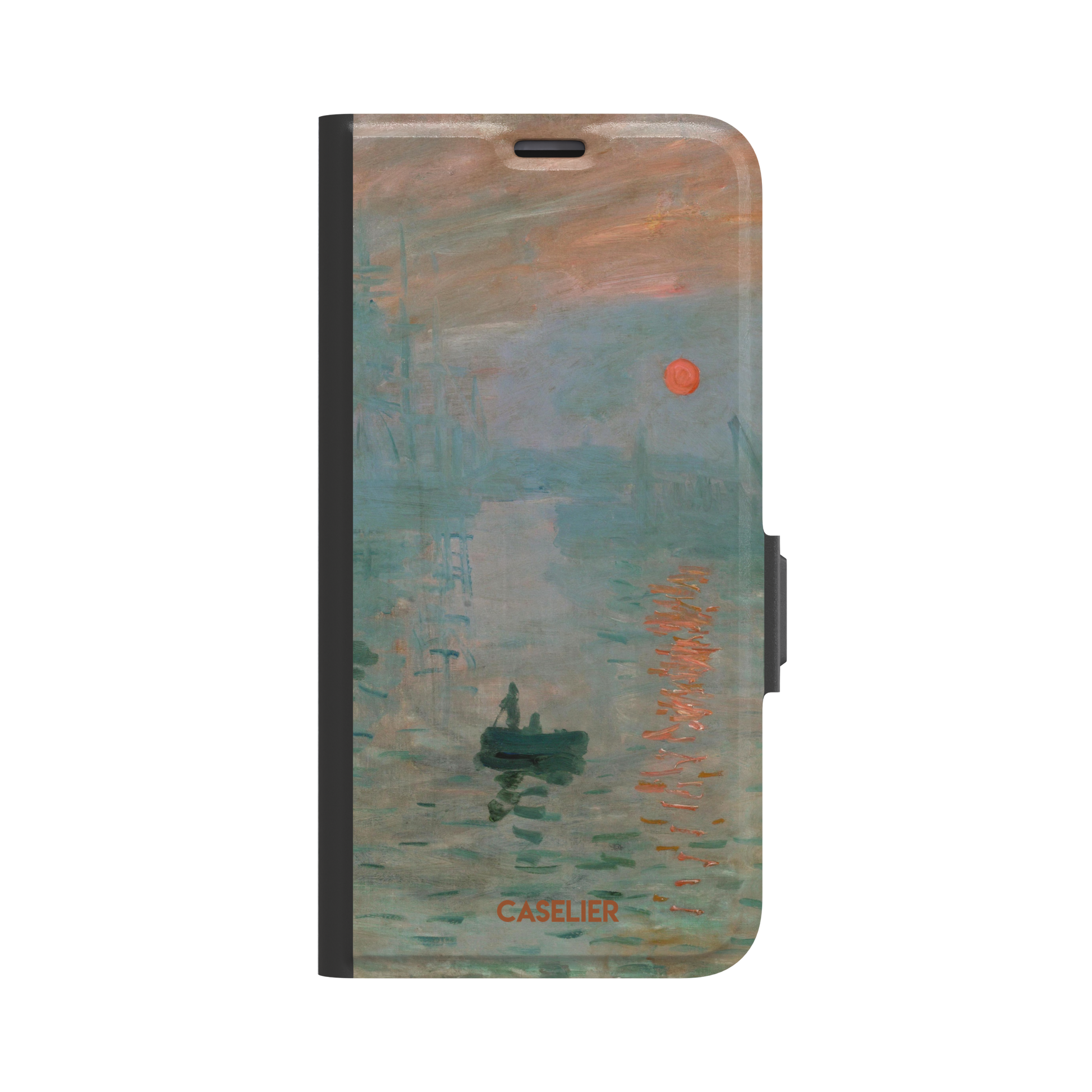 Impression, Sunrise by Claude Monet phone case showing misty teal harbour scene with red sun and lone rowboat, phone case by Caselier — wallet case, front view