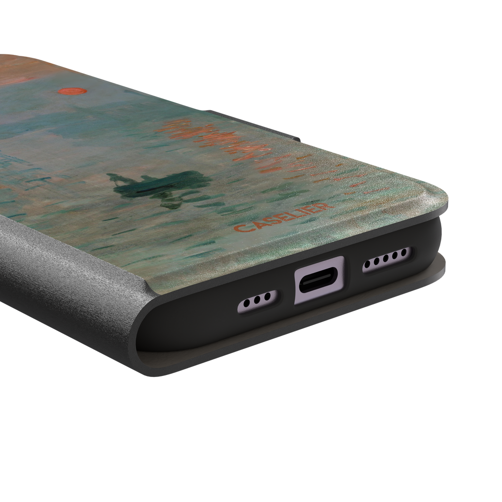 Impression, Sunrise by Claude Monet phone case showing misty teal harbour scene with red sun and lone rowboat, phone case by Caselier — wallet case, charging port detail