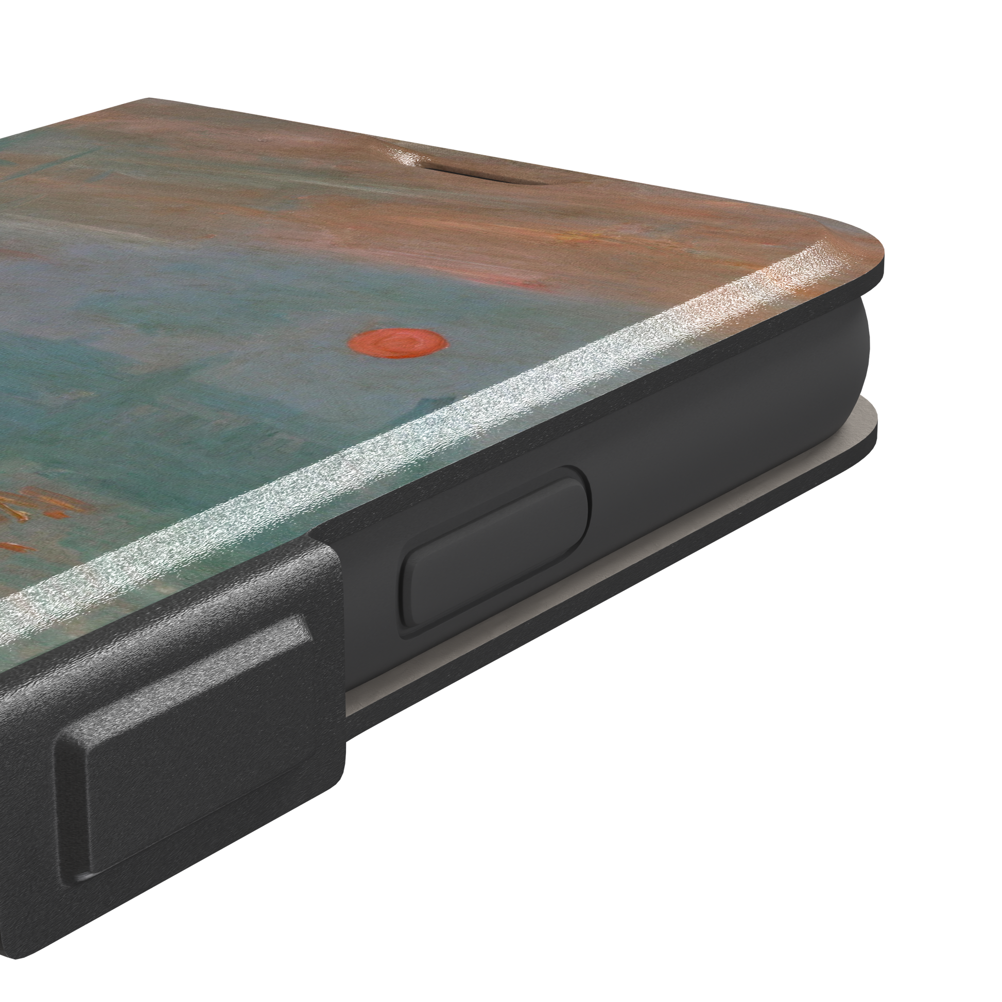 Impression, Sunrise by Claude Monet phone case showing misty teal harbour scene with red sun and lone rowboat, phone case by Caselier — wallet case, volume buttons detail