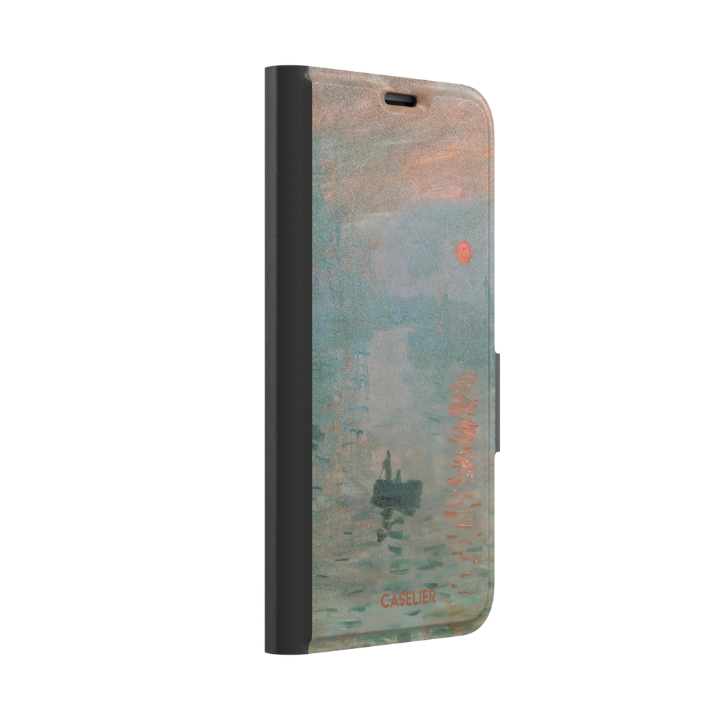 Impression, Sunrise by Claude Monet phone case showing misty teal harbour scene with red sun and lone rowboat, phone case by Caselier — wallet case, left view