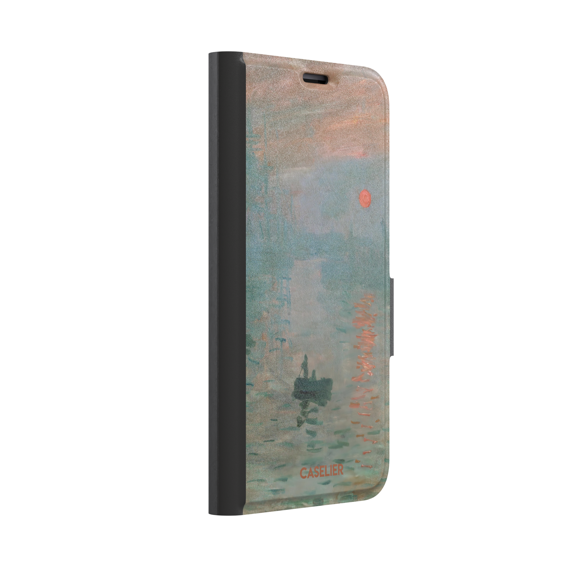 Impression, Sunrise by Claude Monet phone case showing misty teal harbour scene with red sun and lone rowboat, phone case by Caselier — wallet case, left view