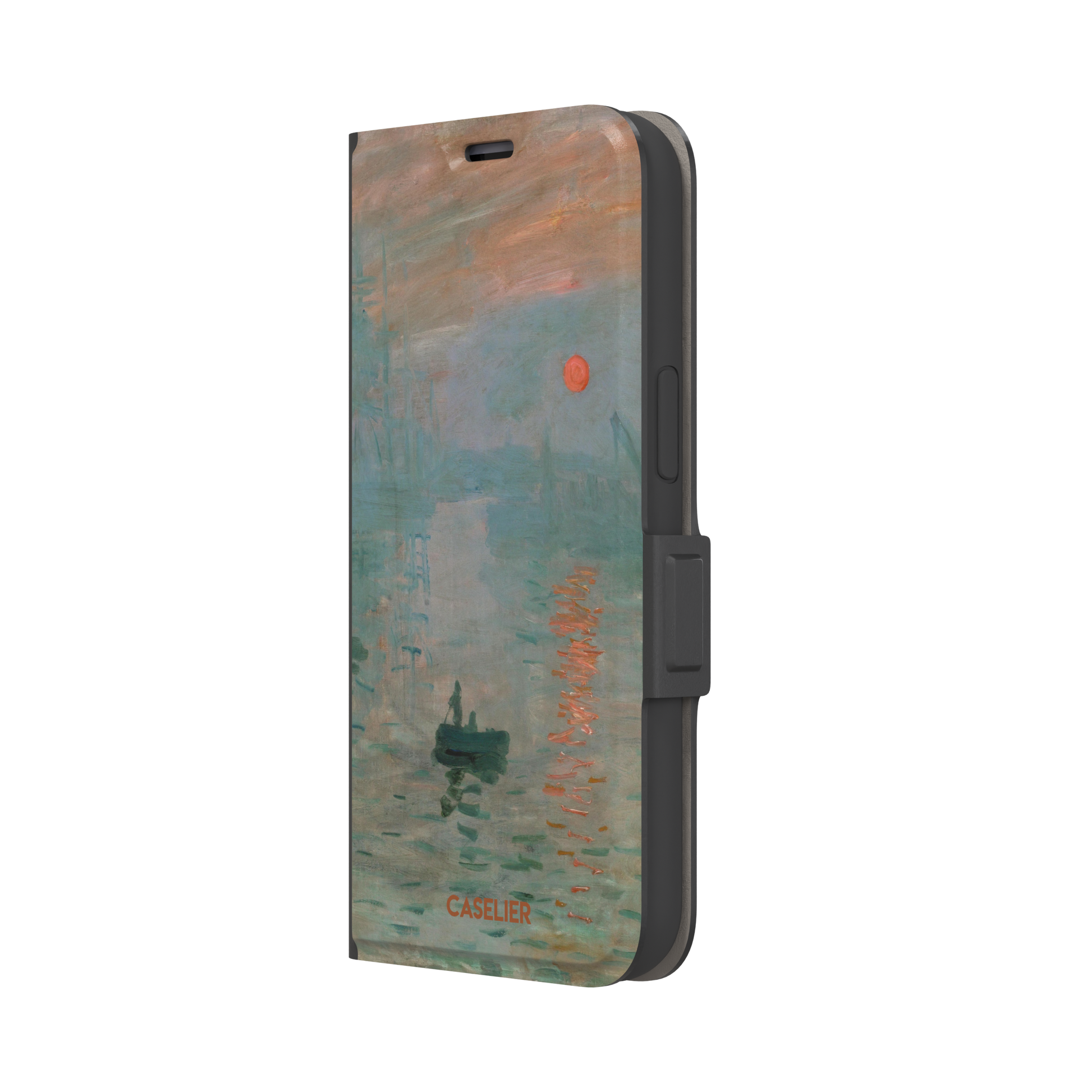 Impression, Sunrise by Claude Monet phone case showing misty teal harbour scene with red sun and lone rowboat, phone case by Caselier — wallet case, right view