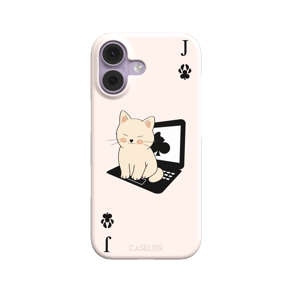 Jack of Clubs playing card phone case in blush pink with a cute cream kitten sitting on a black laptop and paw print club symbols at the corners, phone case by Caselier — snap case, front view