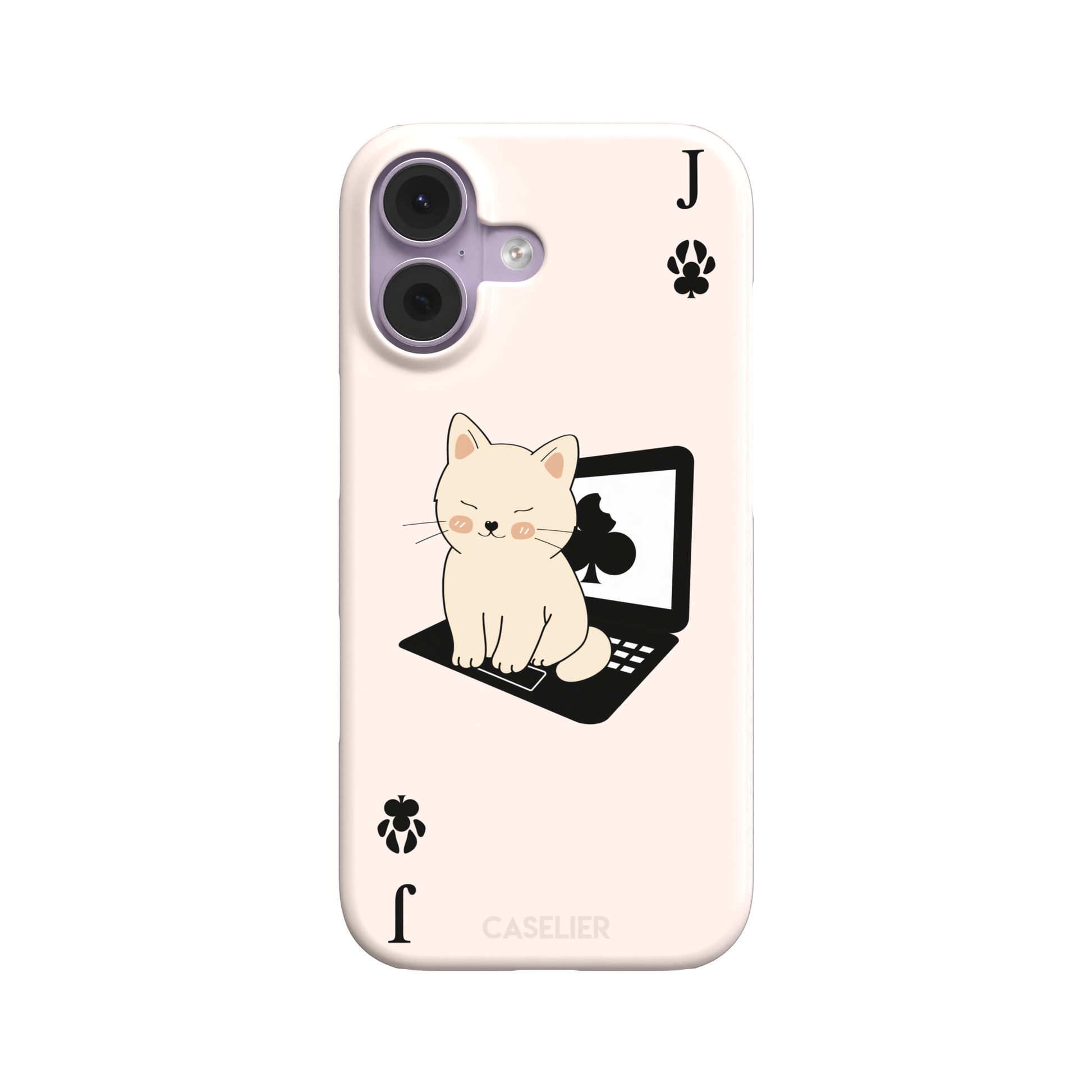 Jack of Clubs playing card phone case in blush pink with a cute cream kitten sitting on a black laptop and paw print club symbols at the corners, phone case by Caselier — snap case, front view