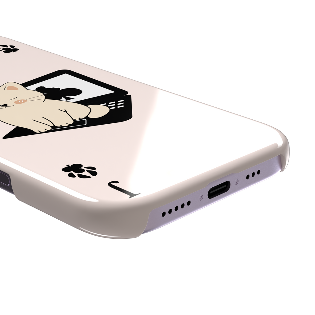 Jack of Clubs playing card phone case in blush pink with a cute cream kitten sitting on a black laptop and paw print club symbols at the corners, phone case by Caselier — snap case, charging port detail