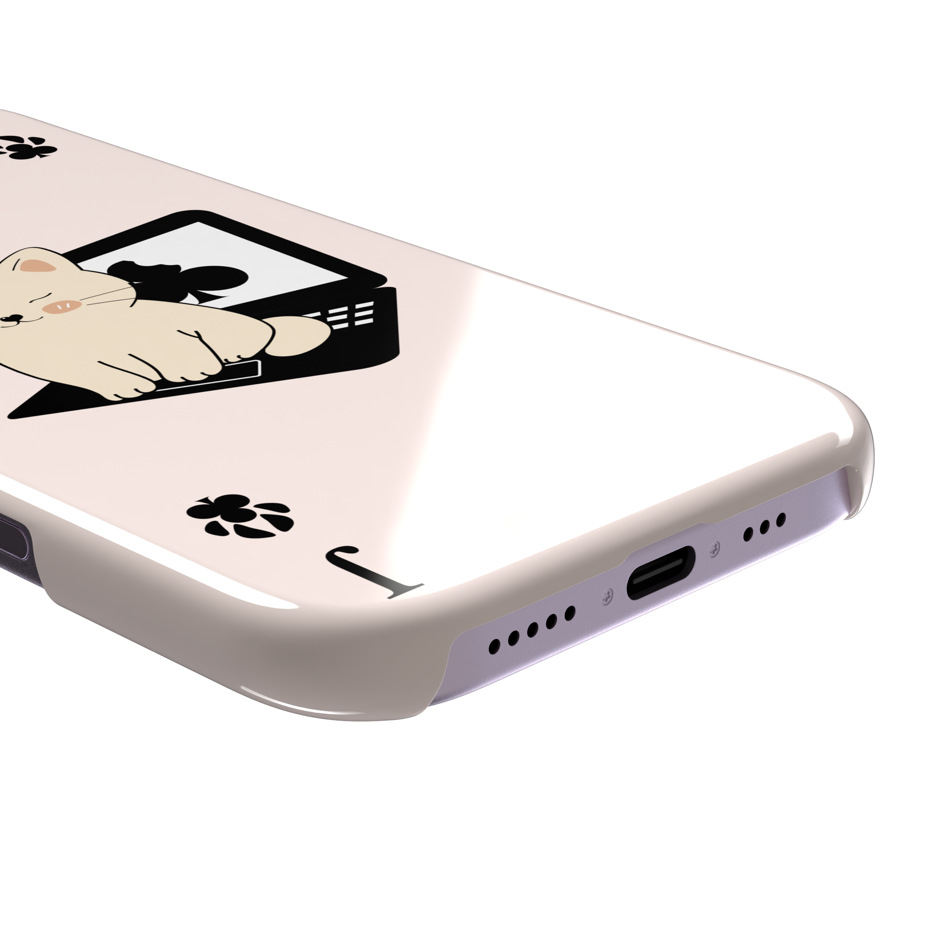 Jack of Clubs playing card phone case in blush pink with a cute cream kitten sitting on a black laptop and paw print club symbols at the corners, phone case by Caselier — snap case, charging port detail