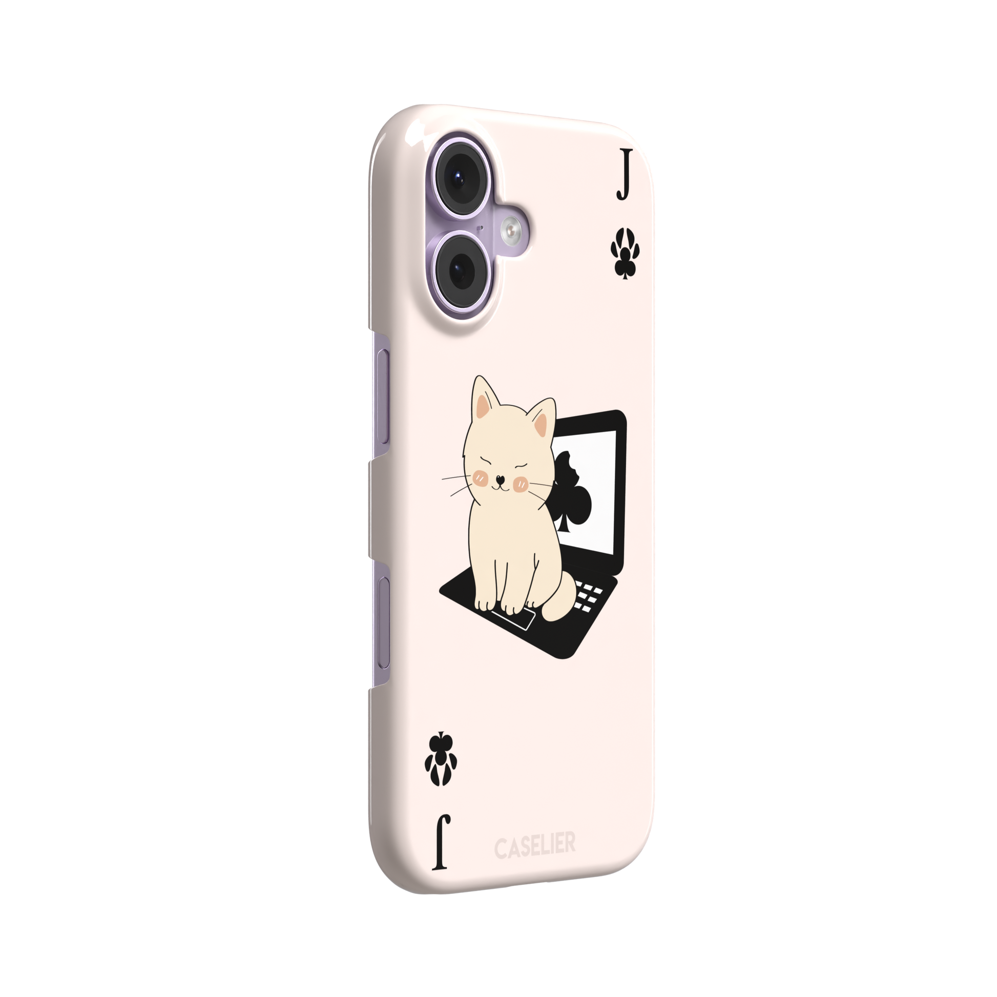 Jack of Clubs playing card phone case in blush pink with a cute cream kitten sitting on a black laptop and paw print club symbols at the corners, phone case by Caselier — snap case, left view