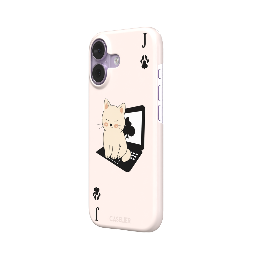 Jack of Clubs playing card phone case in blush pink with a cute cream kitten sitting on a black laptop and paw print club symbols at the corners, phone case by Caselier — snap case, right view