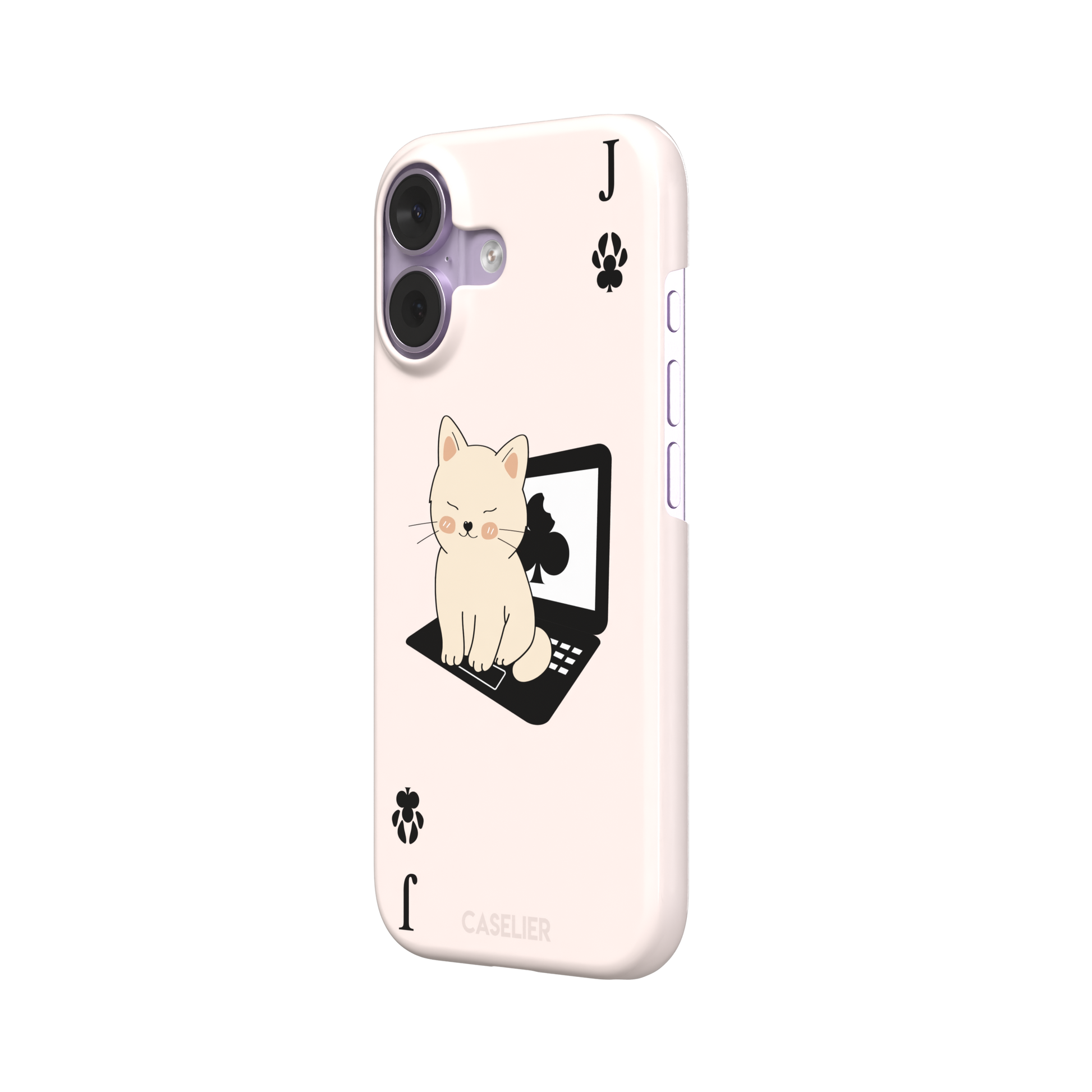 Jack of Clubs playing card phone case in blush pink with a cute cream kitten sitting on a black laptop and paw print club symbols at the corners, phone case by Caselier — snap case, right view