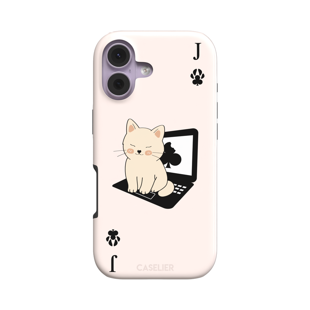 Jack of Clubs playing card phone case in blush pink with a cute cream kitten sitting on a black laptop and paw print club symbols at the corners, phone case by Caselier — tough case, front view