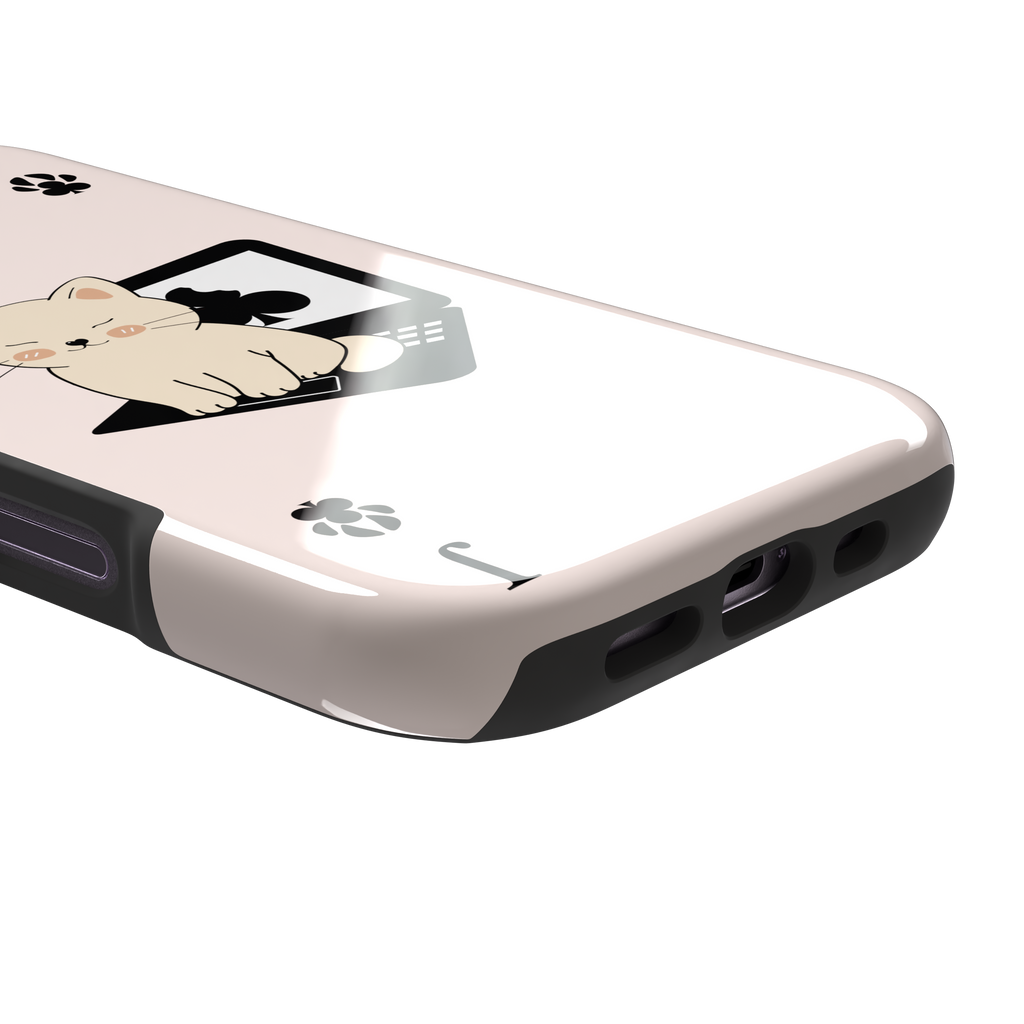Jack of Clubs playing card phone case in blush pink with a cute cream kitten sitting on a black laptop and paw print club symbols at the corners, phone case by Caselier — tough case, charging port detail